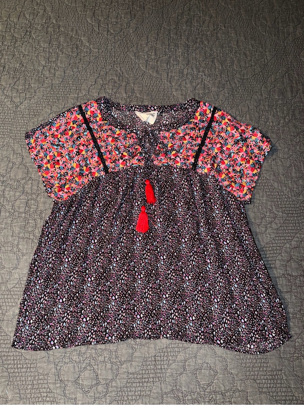 Savanna Jane Leopard/Floral Babydoll Embroidered Top Women's Size-L
